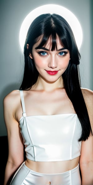 





woman , beautiful face, perfect face, blue eyes fully black hair, pale white skin, sexy marks, perfect, abstract white and black background, shiny accessories, best quality, clear texture, details, canon eos 80d photo, very little light makeup, reflective costume, smile, upper body