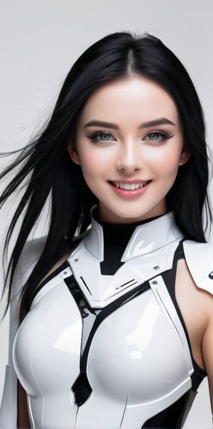 




	woman, beautiful perfect face, random color eyes, fully black hair, pale white skin, sexy face marks, perfect, 
	shiny small accessories, very little light makeup, reflective futuristic costume, 
	abstract white-black background, (white black background:1.1), 
	best photo quality, clear detailed texture, canon eos 80d photo, 
	smile, leaning standing pose, 
extra details texture, absolute realistic photo, long straight hair.