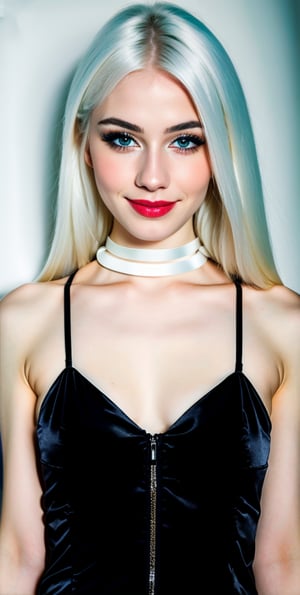 





woman , beautiful face, perfect face, blue eyes fully white hair, pale white skin, sexy marks, perfect, abstract white and black background, shiny accessories, best quality, clear texture, details, canon eos 80d photo, very little light makeup, reflective costume, smile, upper body