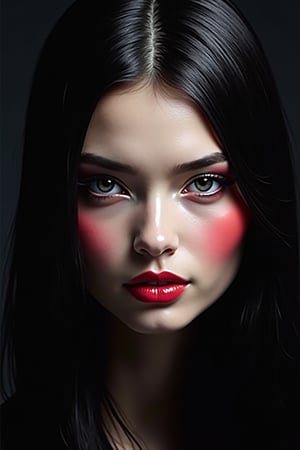 




pretty woman, graphics interesting creative effect, black dark color theme, light skin, red cheeks, , pink lips, glossy shiny reflective lips, long straight hair, snow white skin 