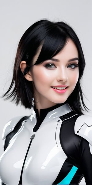 




	woman, beautiful perfect face, random color eyes, fully black hair, pale white skin, sexy face marks, perfect, 
	shiny small accessories, very little light makeup, reflective futuristic costume, 
	abstract white-black background, (white black background:1.1), 
	best photo quality, clear detailed texture, canon eos 80d photo, 
	smile, leaning standing pose, 
extra details texture, absolute realistic photo