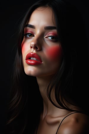 




pretty woman, graphics interesting creative effect, black dark color theme, light skin, red cheeks, , pink lips, glossy shiny reflective lips, long straight hair