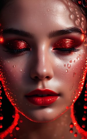 




(digital art, ultra-realistic, high detail, high resolution, photorealistic) close-up of a woman's face with eyes closed, illuminated by a deep red light. The face is covered with droplets of water, creating an abstract geometric pattern. The background is a black-glittered texture, enhancing the sparkle and reflection of the droplets. The woman's eyelashes and lips are accentuated, with the red light adding a shimmering effect. The overall atmosphere is dark, mysterious, and vibrant, with a focus on the contrast between the red and black elements, giving a surreal and captivating visual experience.