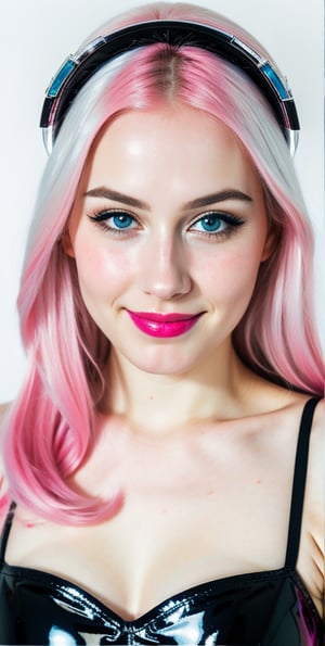 





woman , beautiful face, perfect face, blue eyes fully pink hair, pale white skin, sexy marks, perfect, abstract white and black background, shiny accessories, best quality, clear texture, details, canon eos 80d photo, very little light makeup, reflective costume, smile, upper body