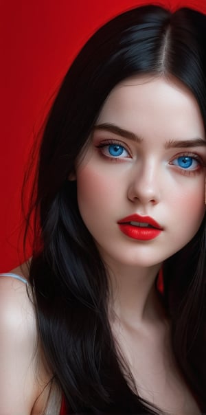 




	(digital art, ultra-realistic, high detail, high resolution, photorealistic), giving a surreal and captivating visual experience, with a focus on the contrast between the white black and red elements, 
pretty young woman, blue color eyes, fully black hair, pale white skin, 
	shiny small accessories, very little light makeup, 
	abstract white-red background, (dark red background:1.1), 
	best photo quality, clear detailed texture, canon eos 80d photo, 
	, leaning standing pose, waist-up shot, 
extra details texture, absolute realistic photo, long straight hair, saturated colors, oral face shape