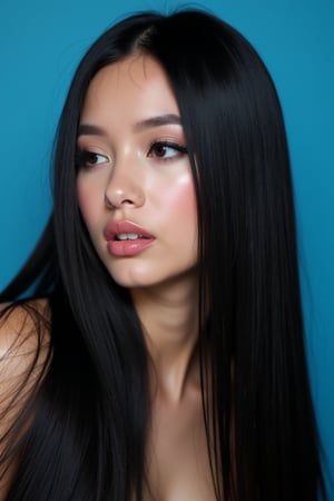 




pretty woman, , blue-background only, light skin, , , glossy pink lips, , long black hair, super straight hair, reflective hair, looking aside