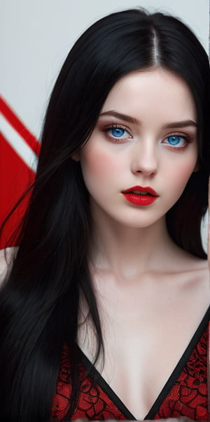 




	(digital art, ultra-realistic, high detail, high resolution, photorealistic), giving a surreal and captivating visual experience, with a focus on the contrast between the white black and red elements, 
pretty young woman, blue color eyes, fully black hair, pale white skin, 
	shiny small accessories, very little light makeup, 
	abstract white-red background, (dark red background:1.1), 
	best photo quality, clear detailed texture, canon eos 80d photo, 
	, leaning standing pose, waist-up shot, 
extra details texture, absolute realistic photo, long straight hair, saturated colors, oral face shape