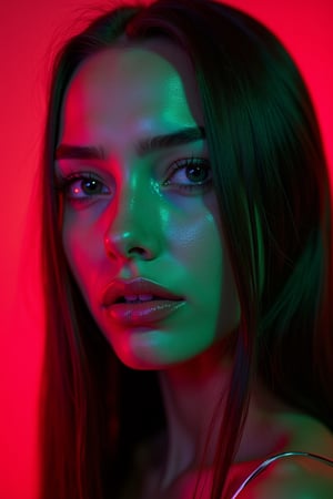 





pretty woman, graphics interesting creative effect, dark red green neon lights theme, pink lips, glossy shiny reflective lips, long straight hair, snow white skin 