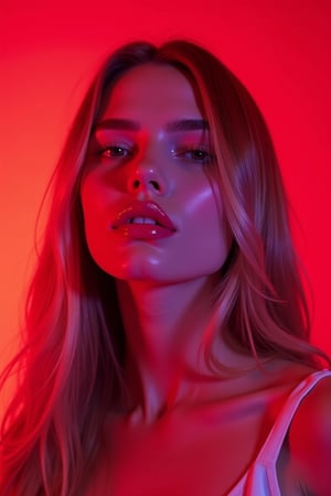 





pretty woman, graphics interesting creative effect, red background neon lights, pink lips, glossy shiny reflective lips, long straight hair, snow white skin