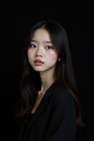 




22 years old girl, black background, dark theme, snow white skin tone, ligh skin tone, super straight hair, tall oval face shape,  