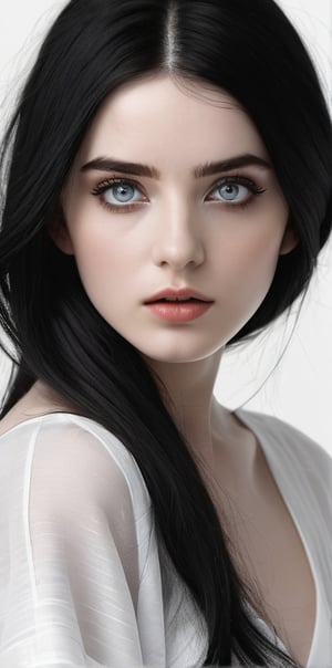 




	(digital art, ultra-realistic, high detail, high resolution, photorealistic), giving a surreal and captivating visual experience, with a focus on the contrast between the white and black elements, 
woman, random color eyes, fully black hair, pale white skin, 
	shiny small accessories, very little light makeup, 
	abstract white-black background, (white black background:1.1), 
	best photo quality, clear detailed texture, canon eos 80d photo, 
	, leaning standing pose, waist-up shot, 
extra details texture, absolute realistic photo, long straight hair, 
