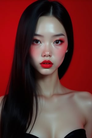 




pretty woman, sleek straight hair, black red background, white skin, long hair, colorful eyes, red cheeks, snow white skin