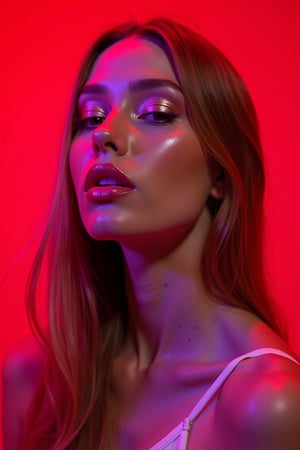 





pretty woman, graphics interesting creative effect, red background neon lights, pink lips, glossy shiny reflective lips, long straight hair, snow white skin