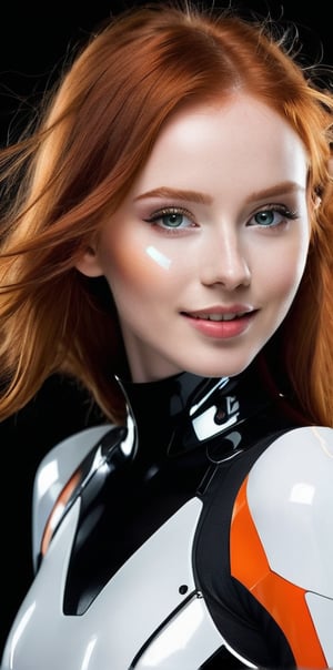 




	woman, beautiful perfect face, random color eyes, fully redhead hair, pale white skin, sexy face marks, perfect, 
	shiny small accessories, very little light makeup, reflective futuristic costume, 
	abstract white-black background, (white black background:1.1), 
	best photo quality, clear detailed texture, canon eos 80d photo, 
	smile, leaning standing pose, 
extra details texture, absolute realistic photo, long straight hair.