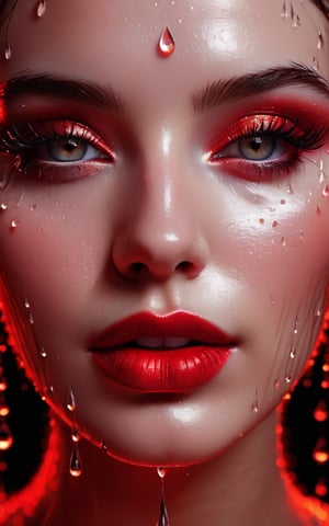 (digital art, ultra-realistic, high detail, high resolution, photorealistic) close-up of a woman's face with eyes closed, illuminated by a deep red light. The face is covered with droplets of water, creating an abstract geometric pattern. The background is a black-glittered texture, enhancing the sparkle and reflection of the droplets. The woman's eyelashes and lips are accentuated, with the red light adding a shimmering effect. The overall atmosphere is dark, mysterious, and vibrant, with a focus on the contrast between the red and black elements, giving a surreal and captivating visual experience.