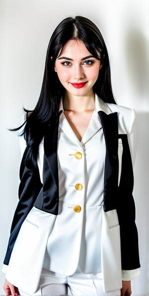 woman, beautiful face, perfect face, blue eyes fully black hair, pale white skin, sexy marks, perfect, abstract white and black background, shiny accessories, best quality, clear texture, details, canon eos 80d photo, very little light makeup, reflective formal business suit costume, smile, upper body 