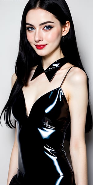 





woman , beautiful face, perfect face, blue eyes fully black hair, pale white skin, sexy marks, perfect, abstract white and black background, shiny accessories, best quality, clear texture, details, canon eos 80d photo, very little light makeup, reflective costume, smile, upper body
