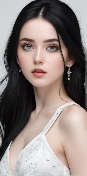 




	woman, random color eyes, fully black hair, pale white skin, 
	shiny small accessories, very little light makeup, 
	abstract white-black background, (white black background:1.1), 
	best photo quality, clear detailed texture, canon eos 80d photo, 
	, leaning standing pose, waist-up shot, 
extra details texture, absolute realistic photo, long straight hair, 
(digital art, ultra-realistic, high detail, high resolution, photorealistic), giving a surreal and captivating visual experience.