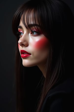 




pretty woman, graphics interesting creative effect, black dark color theme, light skin, red cheeks, , pink lips, glossy shiny reflective lips, long straight hair, looking aside