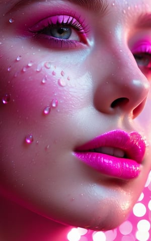 




(digital art, ultra-realistic, high detail, high resolution, photorealistic) close-up of a woman's face with eyes closed, pale white skin, illuminated by a hot pink light. The face is covered with droplets of water, creating an abstract geometric pattern. The background is a white-glittered texture, enhancing the sparkle and reflection of the droplets. The woman's eyelashes and lips are accentuated, with the pink light adding a shimmering effect. The overall atmosphere is dark, mysterious, and vibrant, with a focus on the contrast between the pink  and white elements, giving a surreal and captivating visual experience, hot pink lips.