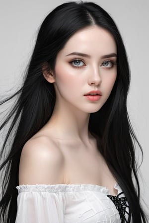 




	woman, random color eyes, fully black hair, pale white skin, 
	shiny small accessories, very little light makeup, 
	abstract white-black background, (white black background:1.1), 
	best photo quality, clear detailed texture, canon eos 80d photo, 
	, leaning standing pose, waist-up shot, 
extra details texture, absolute realistic photo, long straight hair, 
(digital art, ultra-realistic, high detail, high resolution, photorealistic), giving a surreal and captivating visual experience, with a focus on the contrast between the white and black elements.