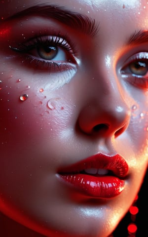 




(digital art, ultra-realistic, high detail, high resolution, photorealistic) close-up of a woman's face with eyes closed, illuminated by a deep red light. The face is covered with droplets of water, creating an abstract geometric pattern. The background is a black-glittered texture, enhancing the sparkle and reflection of the droplets. The woman's eyelashes and lips are accentuated, with the red light adding a shimmering effect. The overall atmosphere is dark, mysterious, and vibrant, with a focus on the contrast between the red and black elements, giving a surreal and captivating visual experience.