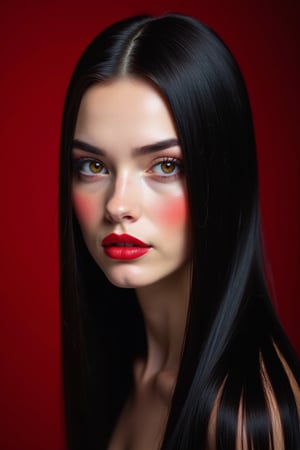 




pretty woman, sleek straight hair, black red background, white skin, long hair, colorful eyes, red cheeks, snow white skin