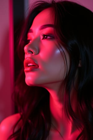 




pretty woman, graphics interesting creative effect, hot pink and black color theme, light skin, red cheeks, , pink lips, glossy shiny reflective lips, long straight hair, looking aside