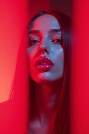 





pretty woman, graphics interesting creative effect, red background neon lights, pink lips, glossy shiny reflective lips, long straight hair, snow white skin