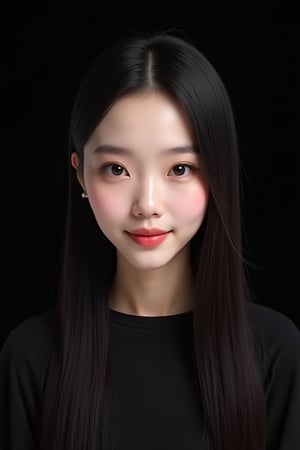 




26 years old woman, black background, dark theme, snow white skin tone, ligh skin tone, super straight hair, tall oval face shape, light makeup, smile, glossy lips, western face, ultra detailed