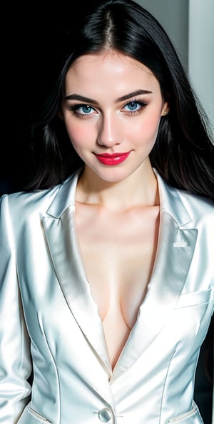 woman, beautiful face, perfect face, blue eyes fully black hair, pale white skin, sexy marks, perfect, abstract white and black background, shiny accessories, best quality, clear texture, details, canon eos 80d photo, very little light makeup, reflective formal business suit costume, smile, upper body 