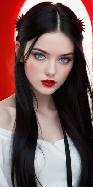 




	(digital art, ultra-realistic, high detail, high resolution, photorealistic), giving a surreal and captivating visual experience, with a focus on the contrast between the white black and red elements, 
pretty young woman, blue color eyes, fully black hair, pale white skin, 
	shiny small accessories, very little light makeup, 
	abstract white-red background, (black red background:1.1), 
	best photo quality, clear detailed texture, canon eos 80d photo, 
	, leaning standing pose, waist-up shot, 
extra details texture, absolute realistic photo, long straight hair, saturated colors