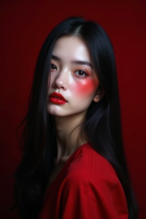 




pretty woman, sleek straight hair, black red background, white skin, long hair, colorful eyes, red cheeks, snow white skin