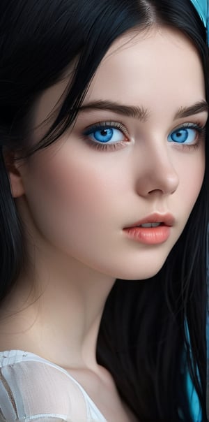 




	(digital art, ultra-realistic, high detail, high resolution, photorealistic), giving a surreal and captivating visual experience, with a focus on the contrast between the black blue elements, 
pretty young woman, blue color eyes, fully black hair, pale white skin, 
	shiny small accessories, very little light makeup, 
	abstract white-blue background, (dark blue background:1.1), 
	best photo quality, clear detailed texture, canon eos 80d photo, 
	, leaning standing pose, waist-up shot, 
extra details texture, absolute realistic photo, long straight hair, saturated colors, oral face shape