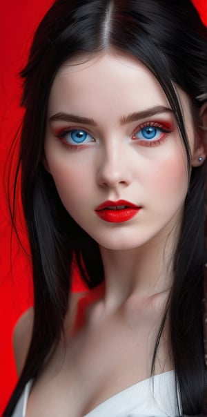 




	(digital art, ultra-realistic, high detail, high resolution, photorealistic), giving a surreal and captivating visual experience, with a focus on the contrast between the white black and red elements, 
pretty young woman, blue color eyes, fully black hair, pale white skin, 
	shiny small accessories, very little light makeup, 
	abstract white-red background, (black red background:1.1), 
	best photo quality, clear detailed texture, canon eos 80d photo, 
	, leaning standing pose, waist-up shot, 
extra details texture, absolute realistic photo, long straight hair, saturated colors