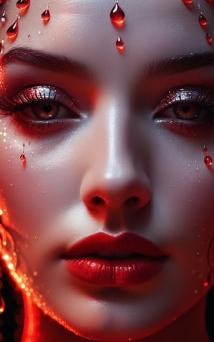 (digital art, ultra-realistic, high detail, high resolution, photorealistic) close-up of a woman's face with eyes closed, illuminated by a deep red light. The face is covered with droplets of water, creating an abstract geometric pattern. The background is a black-glittered texture, enhancing the sparkle and reflection of the droplets. The woman's eyelashes and lips are accentuated, with the red light adding a shimmering effect. The overall atmosphere is dark, mysterious, and vibrant, with a focus on the contrast between the red and black elements, giving a surreal and captivating visual experience.