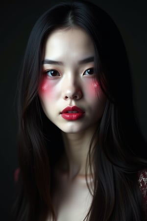 




pretty woman, graphics interesting creative effect, black dark color theme, light skin, red cheeks, , pink lips, glossy shiny reflective lips, long straight hair, snow white skin 