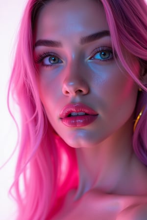 





pretty woman, graphics interesting creative effect, white neon background neon lights, pink lips, glossy shiny reflective lips, long straight hair, snow white skin