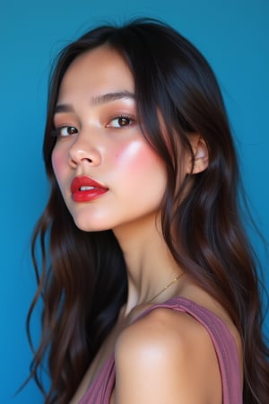 




pretty woman, graphics interesting creative effect, blue-background only, light skin, red cheeks, , pink lips, glossy shiny reflective lips, long straight hair, looking aside