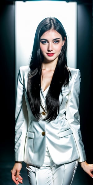 woman, beautiful face, perfect face, blue eyes fully black hair, pale white skin, sexy marks, perfect, abstract white and black background, shiny accessories, best quality, clear texture, details, canon eos 80d photo, very little light makeup, reflective formal business suit costume, smile, upper body 