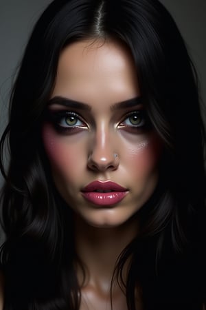 




pretty woman, graphics interesting creative effect, black dark color theme, light skin, , , pink lips, glossy shiny reflective lips, long straight hair