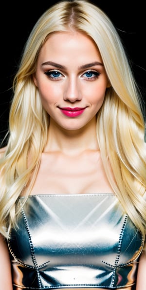 





woman , beautiful face, perfect face, blue eyes fully blonde yellow hair, pale white skin, sexy marks, perfect, abstract white and black background, shiny accessories, best quality, clear texture, details, canon eos 80d photo, very little light makeup, reflective costume, smile, upper body
