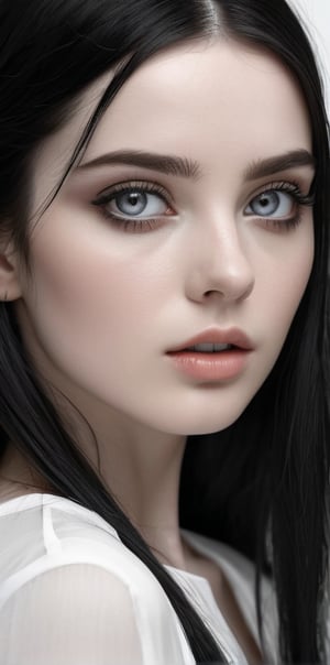 




	(digital art, ultra-realistic, high detail, high resolution, photorealistic), giving a surreal and captivating visual experience, with a focus on the contrast between the white and black elements, 
woman, random color eyes, fully black hair, pale white skin, 
	shiny small accessories, very little light makeup, 
	abstract white-black background, (white black background:1.1), 
	best photo quality, clear detailed texture, canon eos 80d photo, 
	, leaning standing pose, waist-up shot, 
extra details texture, absolute realistic photo, long straight hair, 
