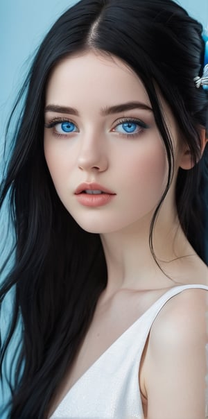 




	(digital art, ultra-realistic, high detail, high resolution, photorealistic), giving a surreal and captivating visual experience, with a focus on the contrast between the white black and blue elements, 
pretty young woman, blue color eyes, fully black hair, pale white skin, 
	shiny small accessories, very little light makeup, 
	abstract white-blue background, (white blue background:1.1), 
	best photo quality, clear detailed texture, canon eos 80d photo, 
	, leaning standing pose, waist-up shot, 
extra details texture, absolute realistic photo, long straight hair, saturated colors