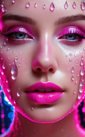 




(digital art, ultra-realistic, high detail, high resolution, photorealistic) close-up of a woman's face with eyes closed, illuminated by a hot pink light. The face is covered with droplets of water, creating an abstract geometric pattern. The background is a white-glittered texture, enhancing the sparkle and reflection of the droplets. The woman's eyelashes and lips are accentuated, with the pink light adding a shimmering effect. The overall atmosphere is dark, mysterious, and vibrant, with a focus on the contrast between the pink  and white elements, giving a surreal and captivating visual experience, hot pink lips. 