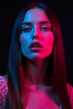 





pretty woman, graphics interesting creative effect, black background neon lights, pink lips, glossy shiny reflective lips, long straight hair, snow white skin