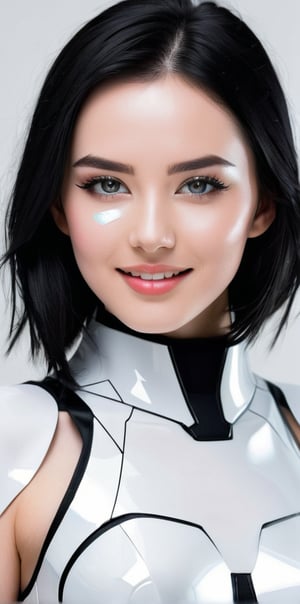 




	woman, beautiful perfect face, random color eyes, fully black hair, pale white skin, sexy face marks, perfect, 
	shiny small accessories, very little light makeup, reflective futuristic costume, 
	abstract white-black background, (white black background:1.1), 
	best photo quality, clear detailed texture, canon eos 80d photo, 
	smile, leaning standing pose, 
extra details texture, absolute realistic photo