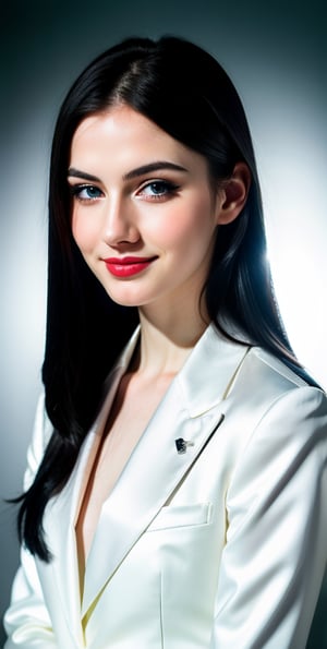 woman, beautiful face, perfect face, blue eyes fully black hair, pale white skin, sexy marks, perfect, abstract white and black background, shiny accessories, best quality, clear texture, details, canon eos 80d photo, very little light makeup, reflective formal business suit costume, smile, upper body 