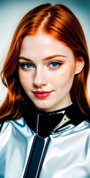 





woman , beautiful face, perfect face, blue eyes fully redhead ginger hair, pale white skin, sexy marks, perfect, abstract white and black background, shiny accessories, best quality, clear texture, details, canon eos 80d photo, very little light makeup, reflective costume, smile, upper body