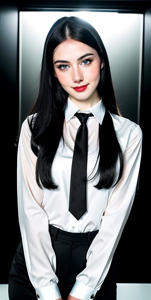 woman, beautiful face, perfect face, blue eyes fully black hair, pale white skin, sexy marks, perfect, abstract white and black background, shiny accessories, best quality, clear texture, details, canon eos 80d photo, very little light makeup, reflective formal business suit costume, smile, upper body 